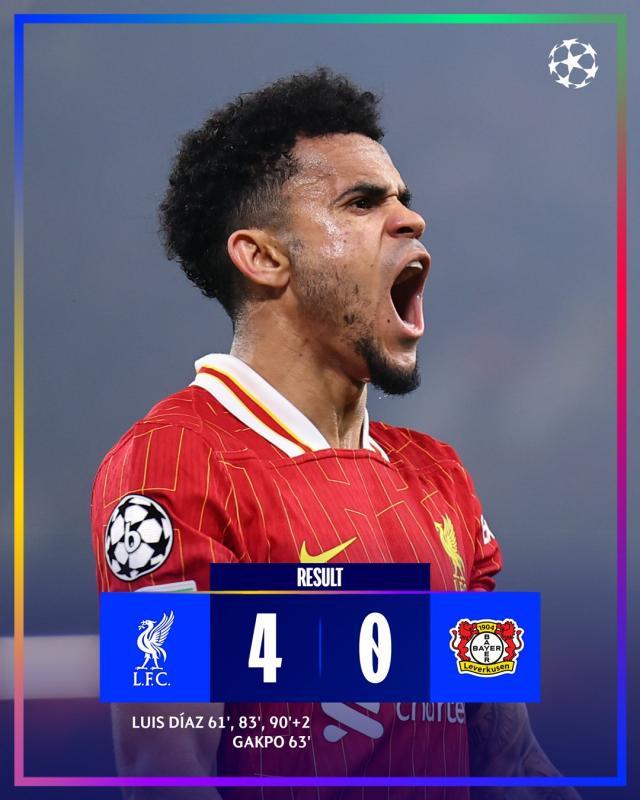 体育赛事-【欧冠】利物浦4比0勒沃库森，迪亚斯戴帽哈克波破门